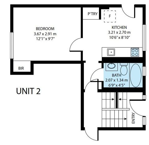 Floor plan for 2 beds, 1 bath